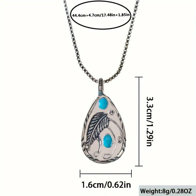 Boho Vintage Pendant Necklace with Turquoise Feather for WomenMen