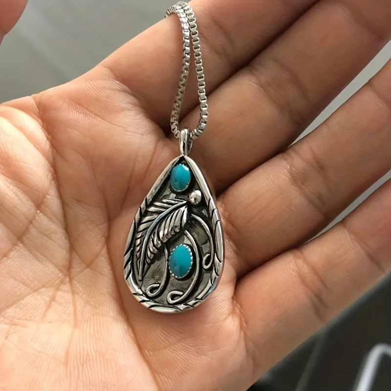 Boho Vintage Pendant Necklace with Turquoise Feather for WomenMen