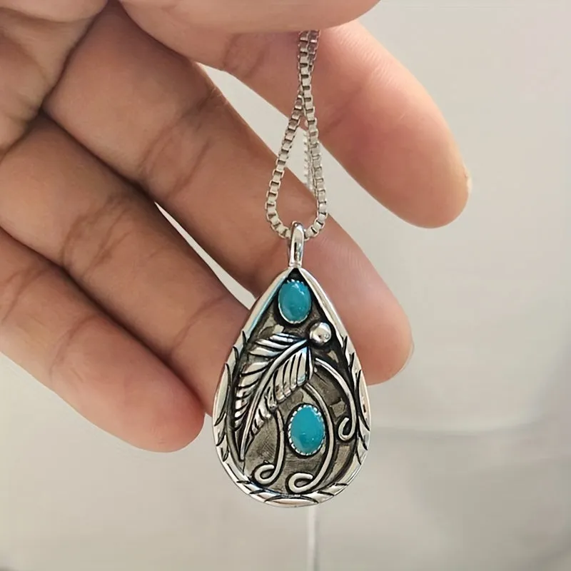 Boho Vintage Pendant Necklace with Turquoise Feather for WomenMen