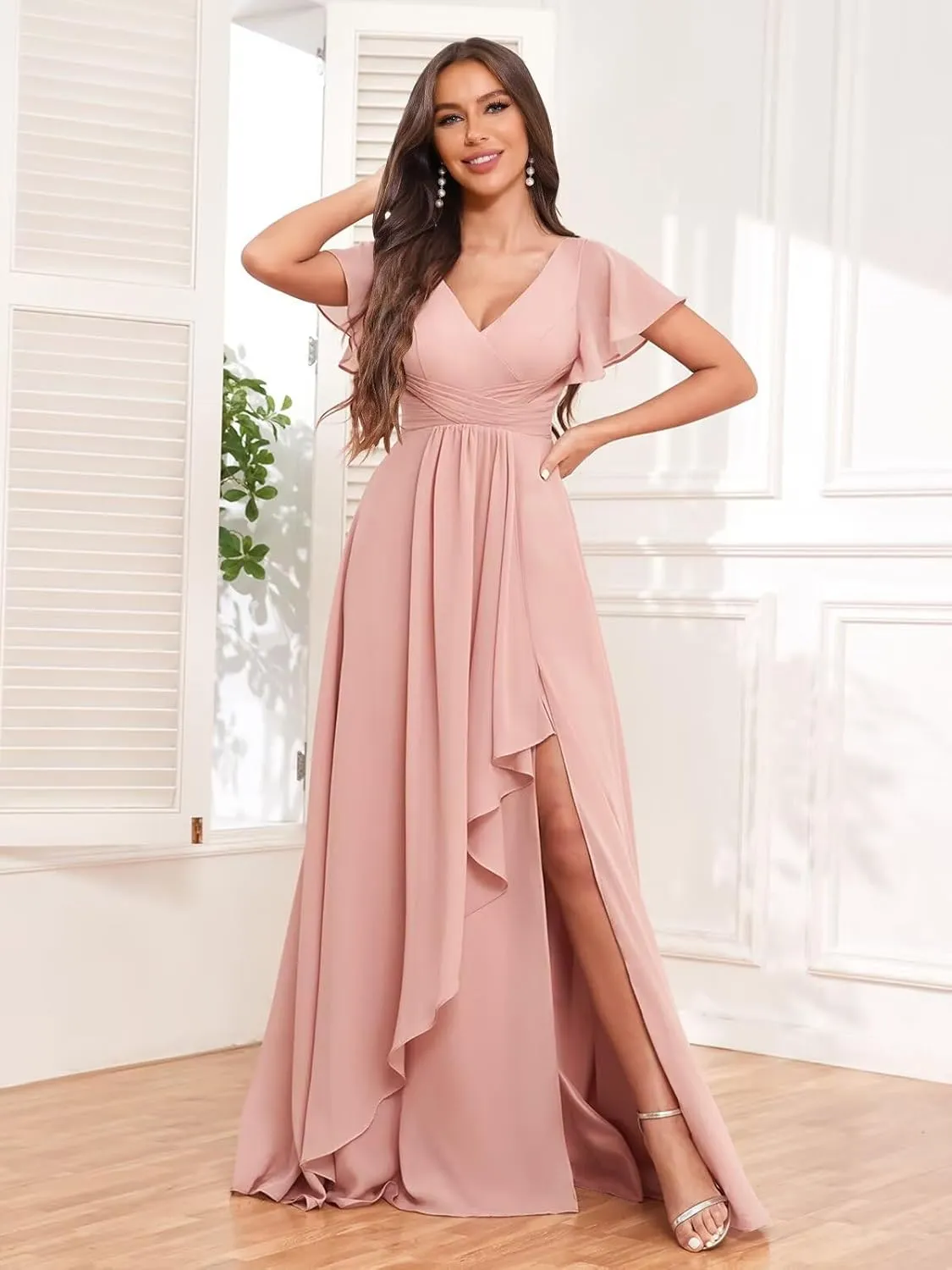 BOLENSYE Women's V Neck Bridesmaid Dresses with Slit Ruffle Sleeve A Line Chiffon Formal Evening Party Gown