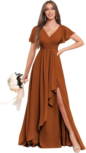 BOLENSYE Women's V Neck Bridesmaid Dresses with Slit Ruffle Sleeve A Line Chiffon Formal Evening Party Gown