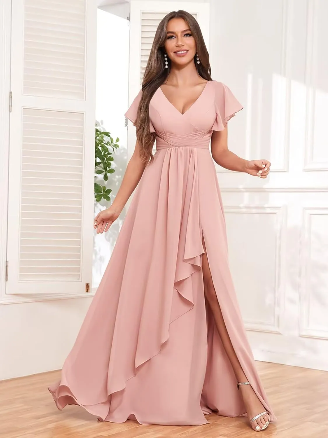 BOLENSYE Women's V Neck Bridesmaid Dresses with Slit Ruffle Sleeve A Line Chiffon Formal Evening Party Gown