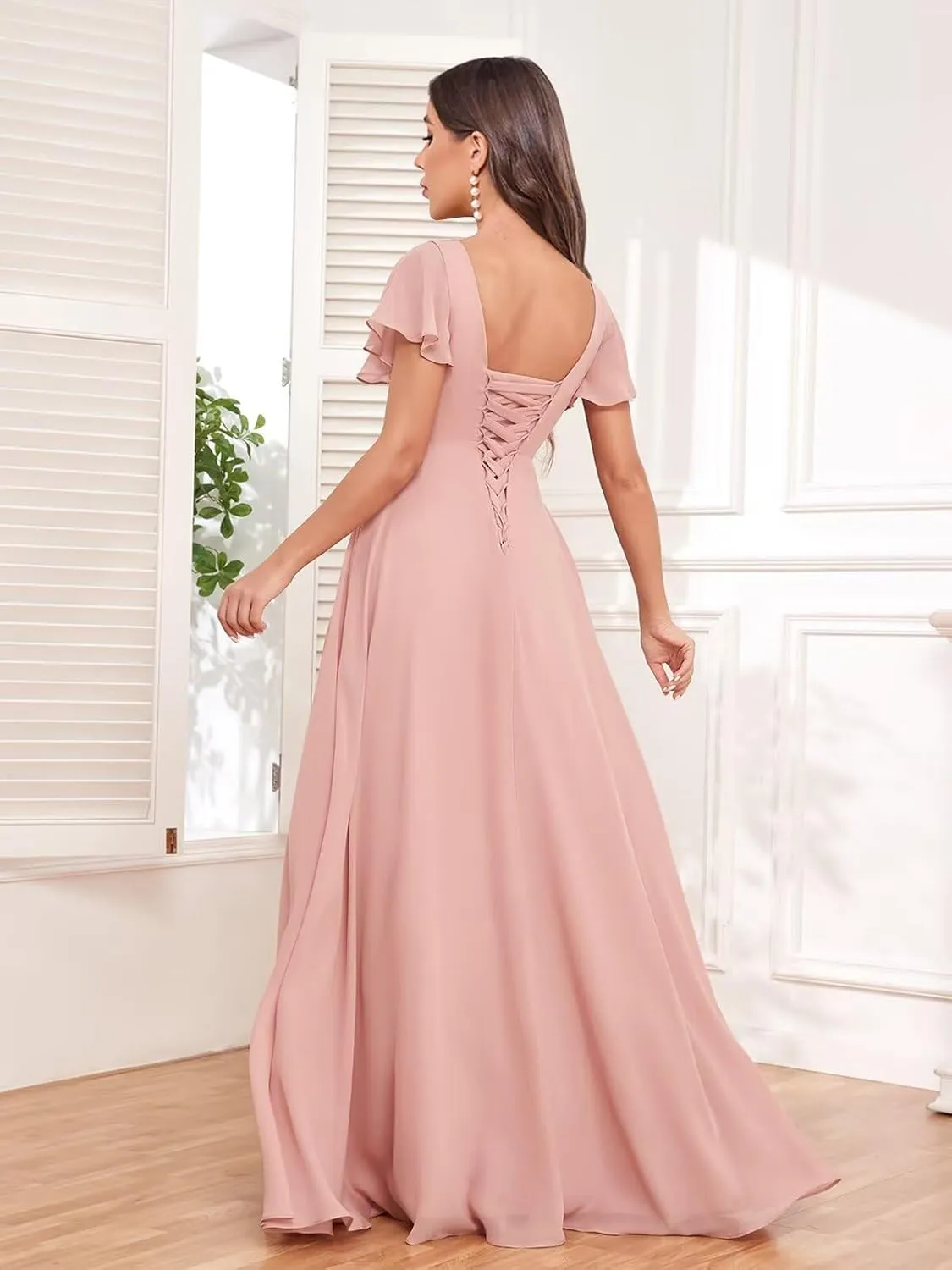 BOLENSYE Women's V Neck Bridesmaid Dresses with Slit Ruffle Sleeve A Line Chiffon Formal Evening Party Gown