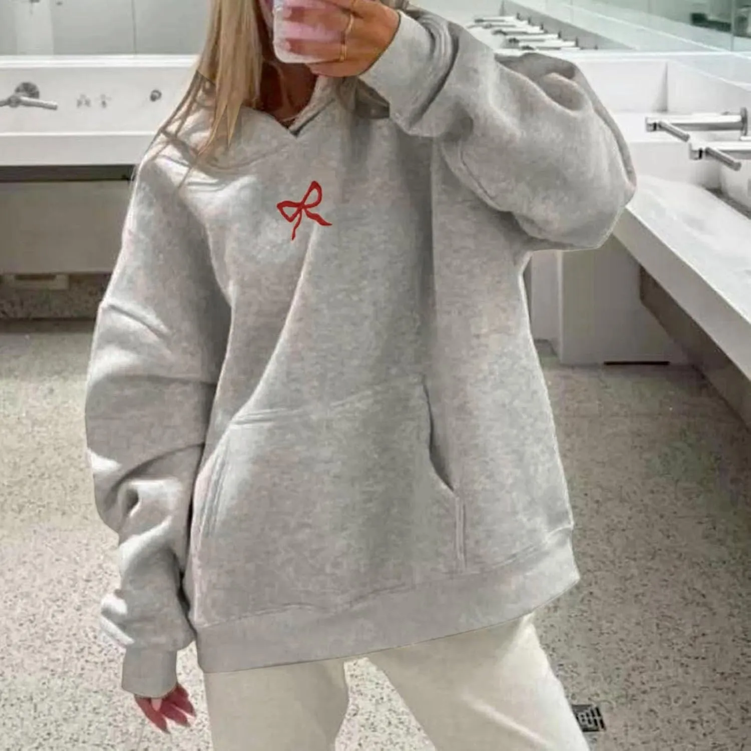 Bow Hoodies For Women Oversized Embroidered Trendy Preppy Cute A Pink Puff Sweatshirts Casual Aesthetic Pullover Tops