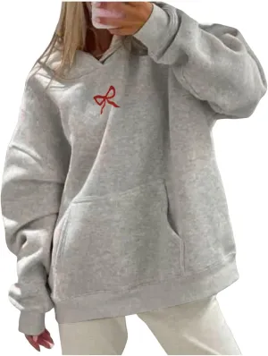 Bow Hoodies For Women Oversized Embroidered Trendy Preppy Cute A Pink Puff Sweatshirts Casual Aesthetic Pullover Tops
