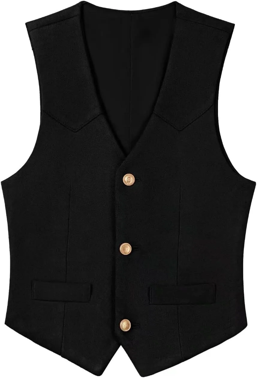 Boys Vest Leather Western Cowboy Dress Vests with Pockets Vintage Suede V Neck Formal Wedding Waistcoat