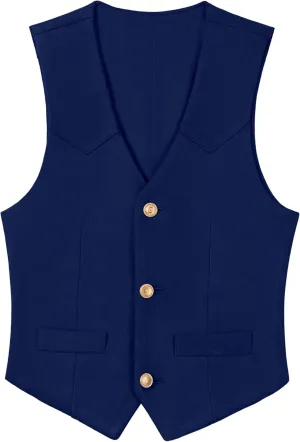 Boys Vest Leather Western Cowboy Dress Vests with Pockets Vintage Suede V Neck Formal Wedding Waistcoat
