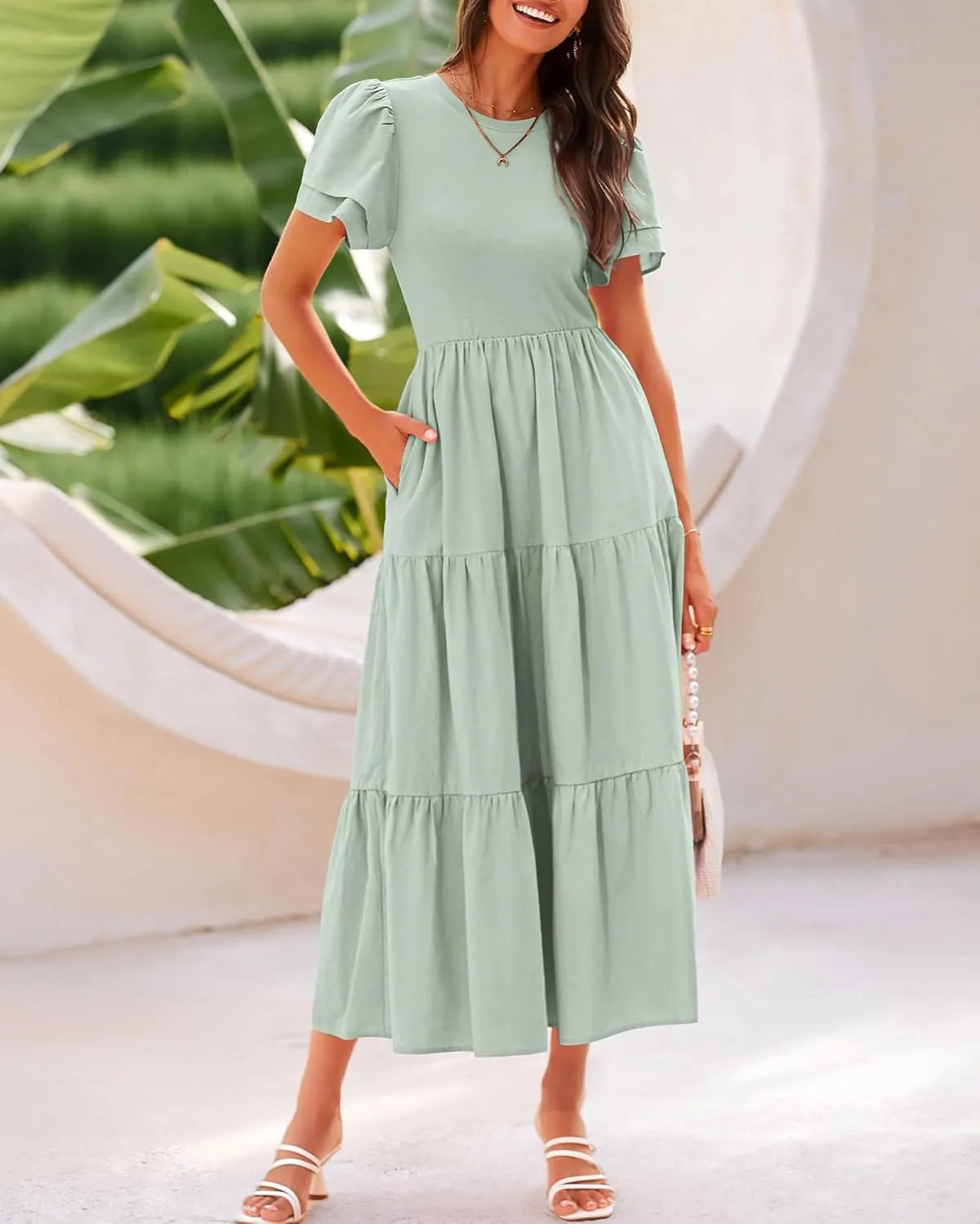 BTFBM Women Casual Summer Dresses 2025 Spring Crewneck Short Sleeve Tiered Flowy Boho Maxi Beach Vacation Dress Pockets