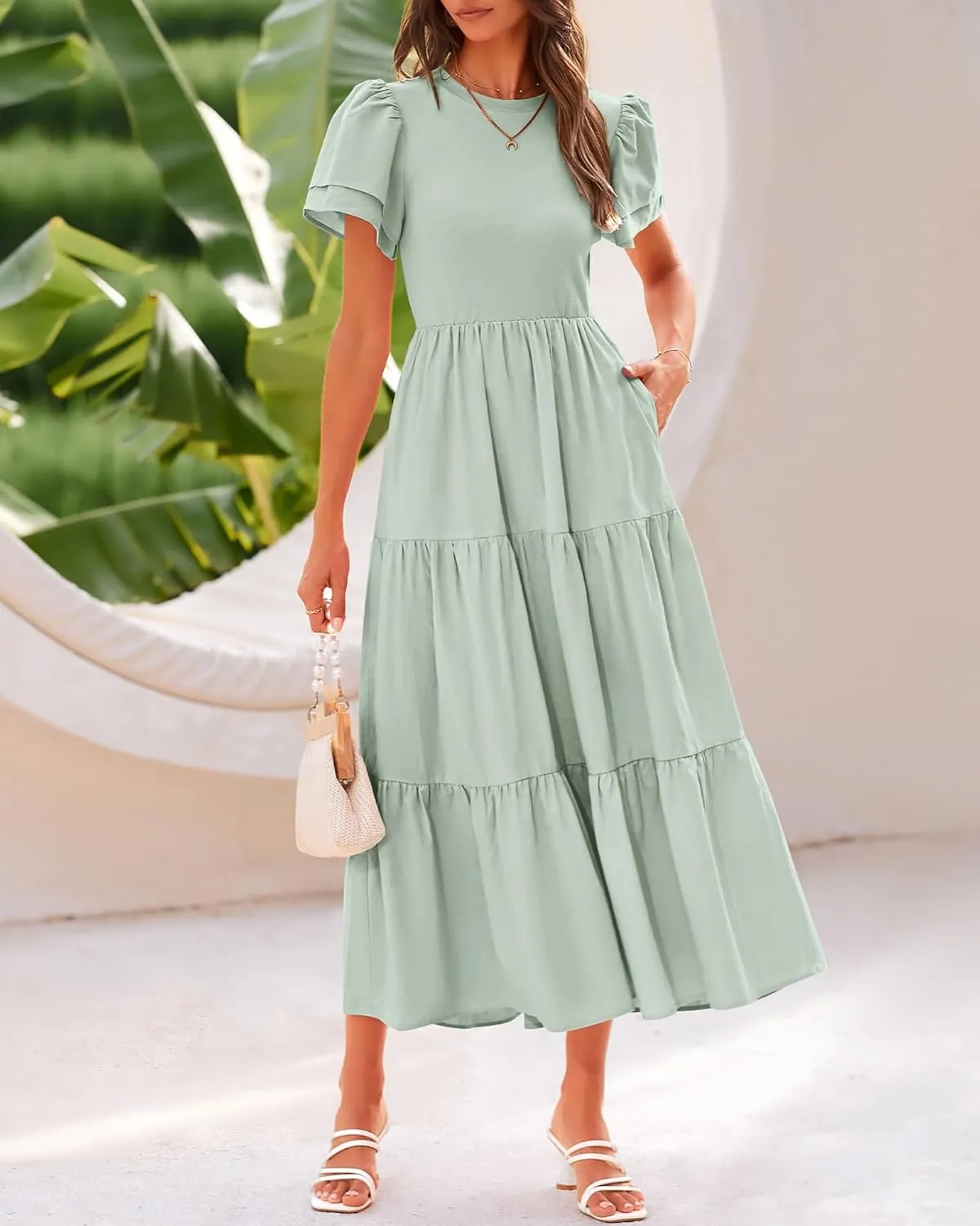 BTFBM Women Casual Summer Dresses 2025 Spring Crewneck Short Sleeve Tiered Flowy Boho Maxi Beach Vacation Dress Pockets