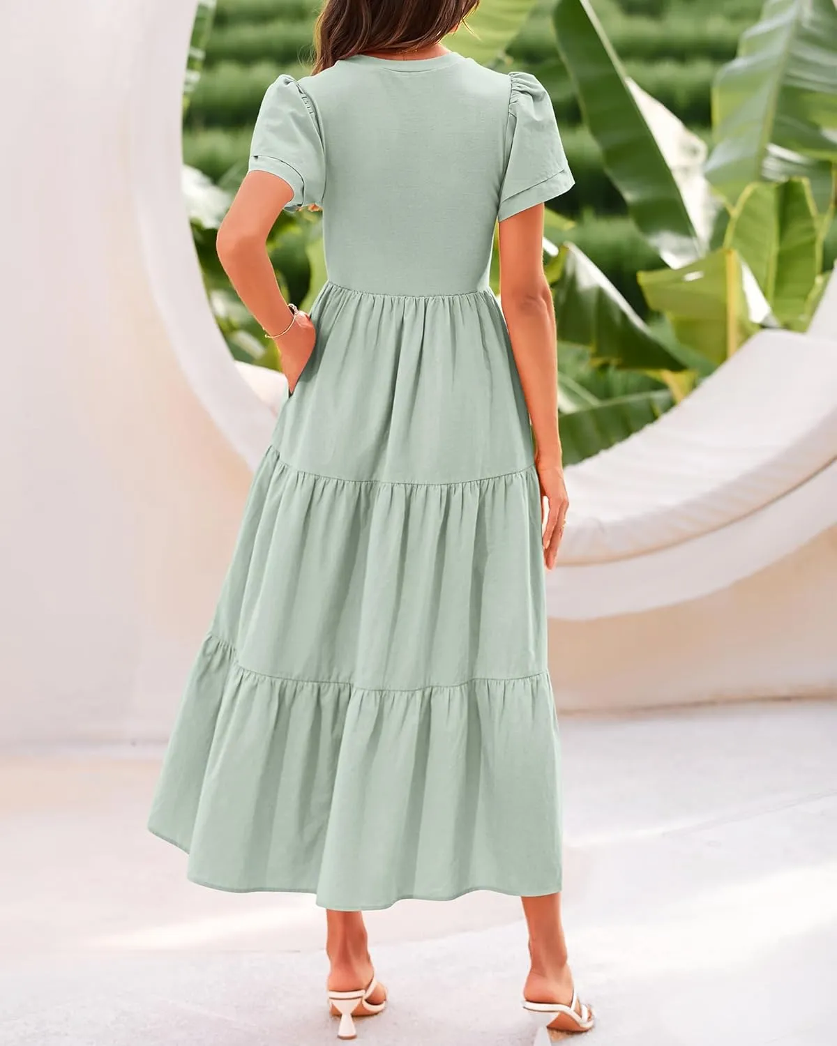 BTFBM Women Casual Summer Dresses 2025 Spring Crewneck Short Sleeve Tiered Flowy Boho Maxi Beach Vacation Dress Pockets