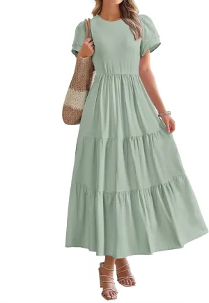 BTFBM Women Casual Summer Dresses 2025 Spring Crewneck Short Sleeve Tiered Flowy Boho Maxi Beach Vacation Dress Pockets
