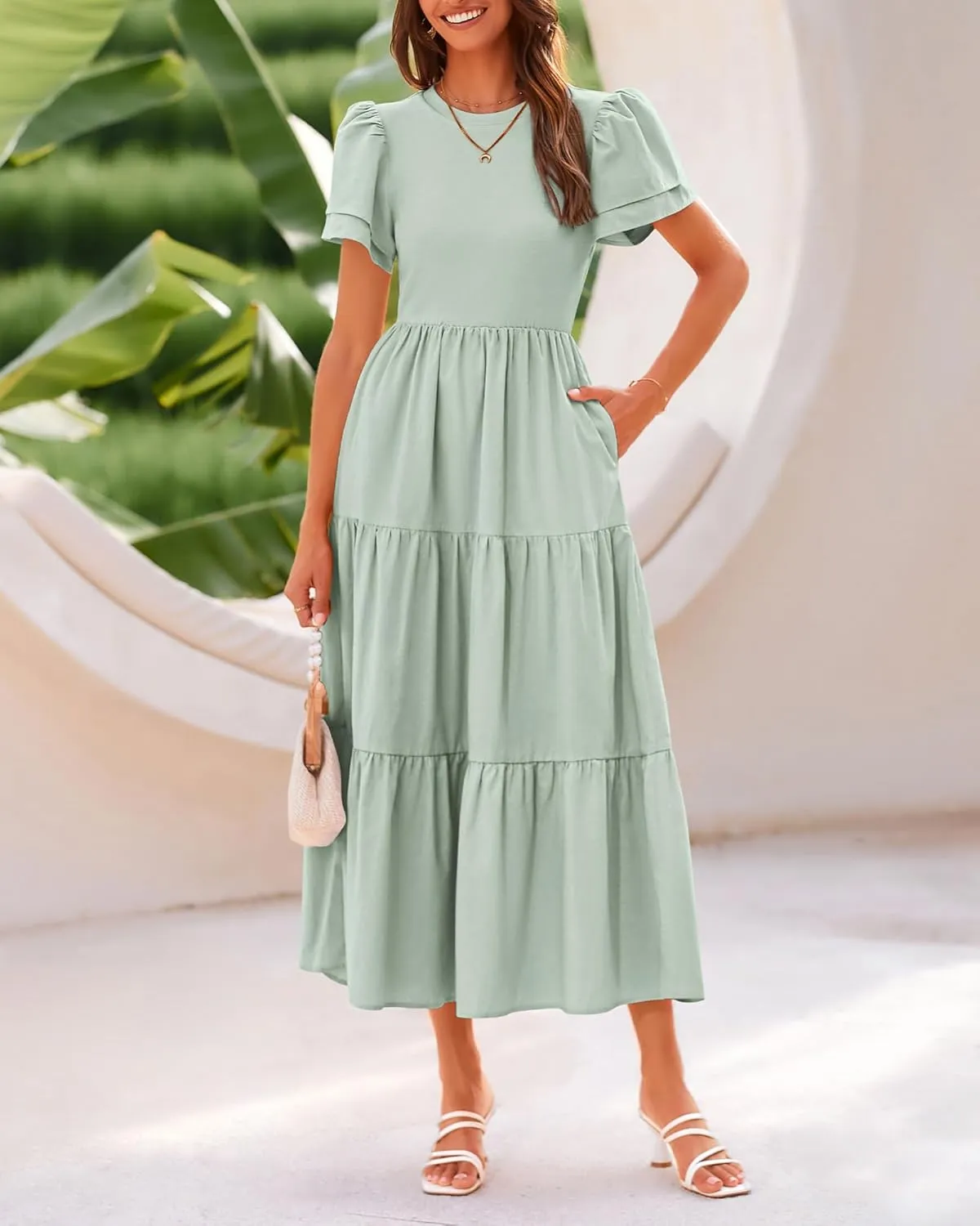 BTFBM Women Casual Summer Dresses 2025 Spring Crewneck Short Sleeve Tiered Flowy Boho Maxi Beach Vacation Dress Pockets