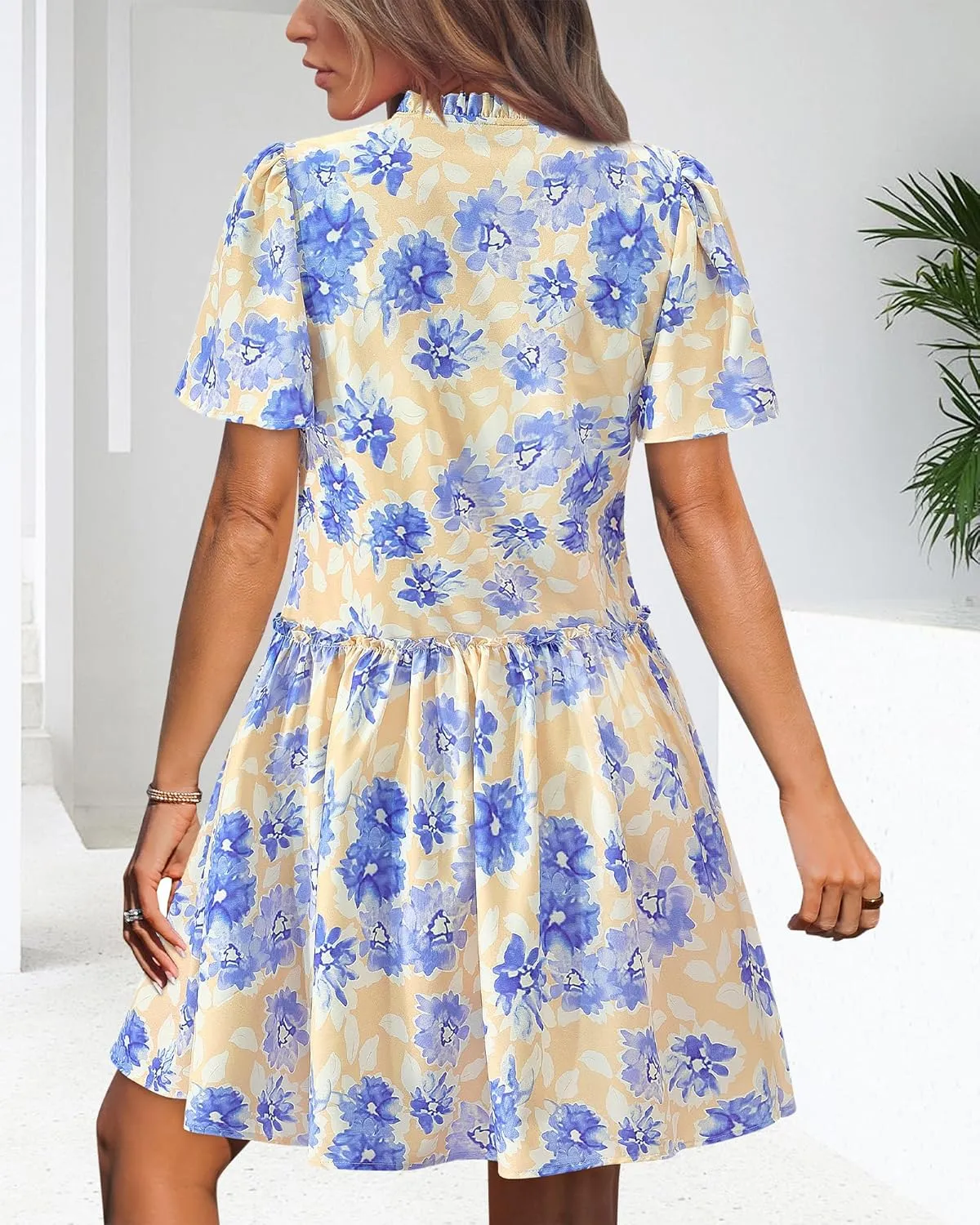 BTFBM Women Summer Dresses 2025 Short Sleeve V Neck Tiered Ruffle Boho Swing Dress A-Line Floral Mini Dresses