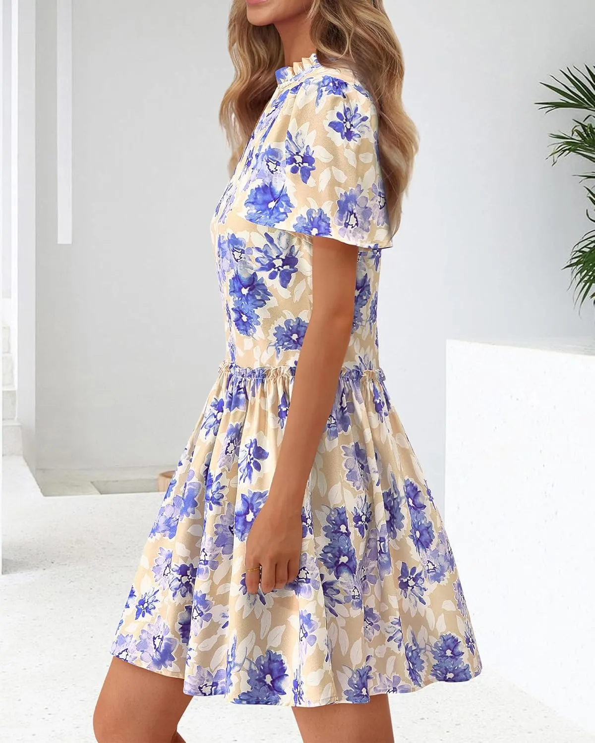 BTFBM Women Summer Dresses 2025 Short Sleeve V Neck Tiered Ruffle Boho Swing Dress A-Line Floral Mini Dresses