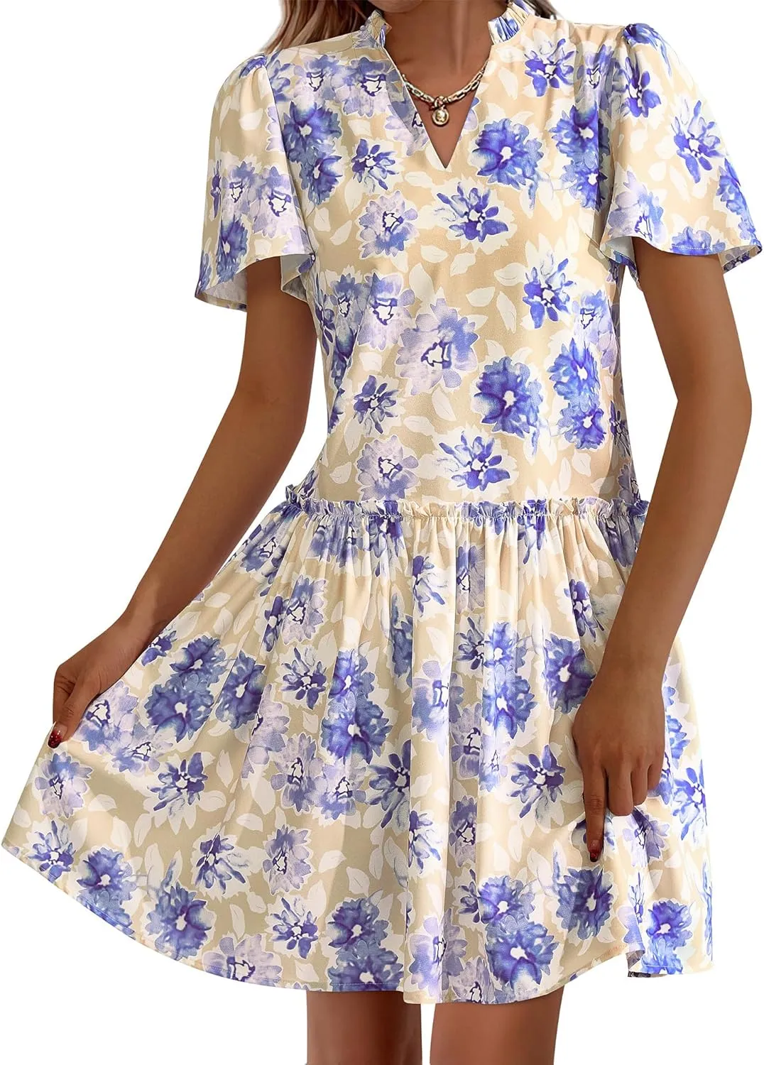 BTFBM Women Summer Dresses 2025 Short Sleeve V Neck Tiered Ruffle Boho Swing Dress A-Line Floral Mini Dresses