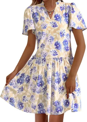 BTFBM Women Summer Dresses 2025 Short Sleeve V Neck Tiered Ruffle Boho Swing Dress A-Line Floral Mini Dresses