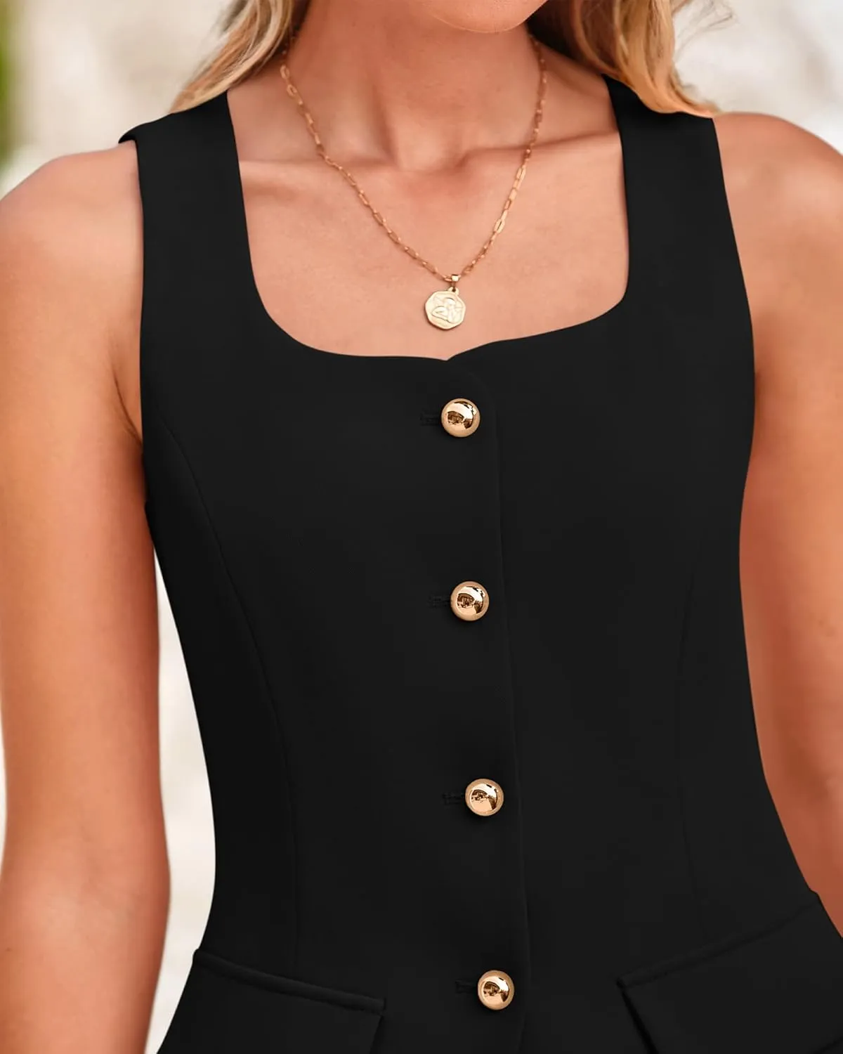 BTFBM Womens Sleeveless Suit Vests Dressy Casual Square Neck Business Work Waistcoat Summer Button Up Blazer Vest Tops