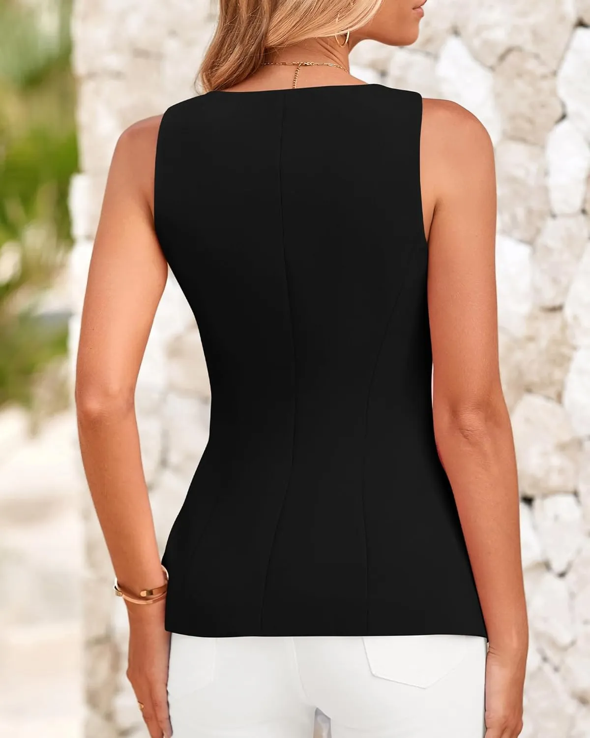 BTFBM Womens Sleeveless Suit Vests Dressy Casual Square Neck Business Work Waistcoat Summer Button Up Blazer Vest Tops