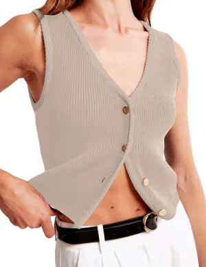 Button Up Sweater Vest for Women 2024 V Neck Sleeveless Tank Tops Cardigan Vests