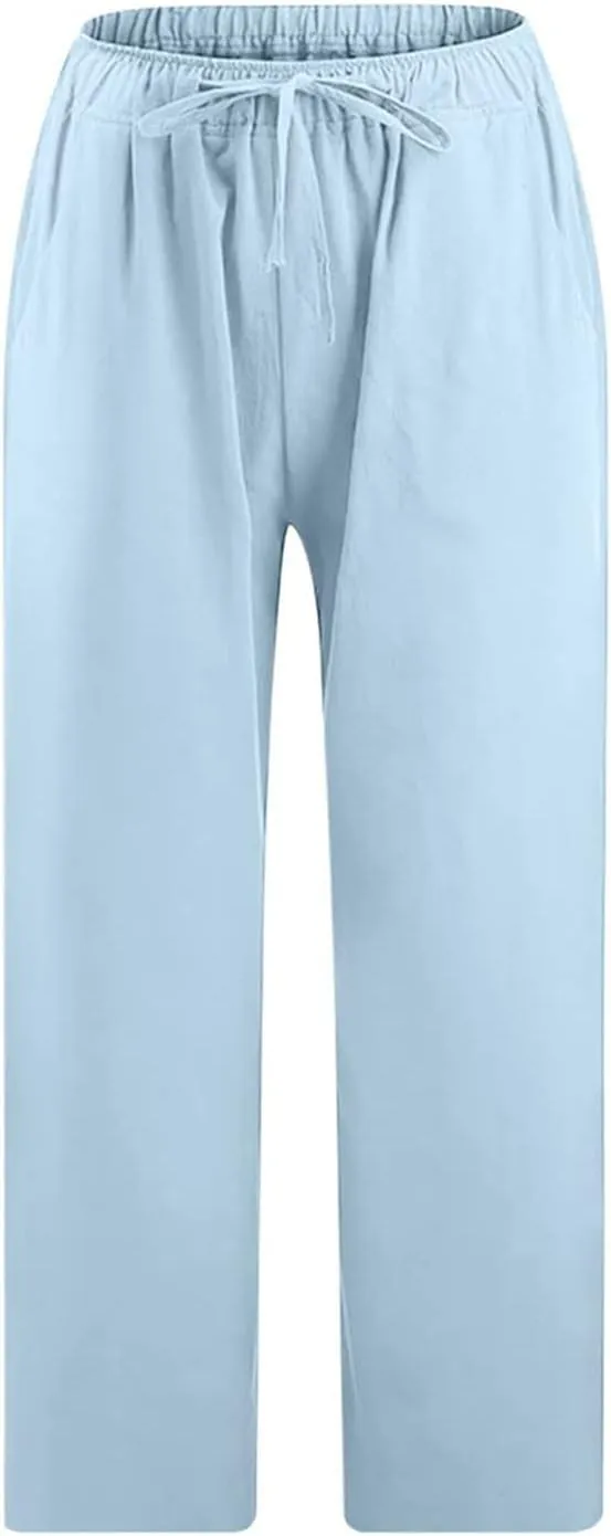 Capri Pants for Women Summer Drawstring Elastic High Waist Cotton Linen Wide Leg Trouser, Small-5X-Large