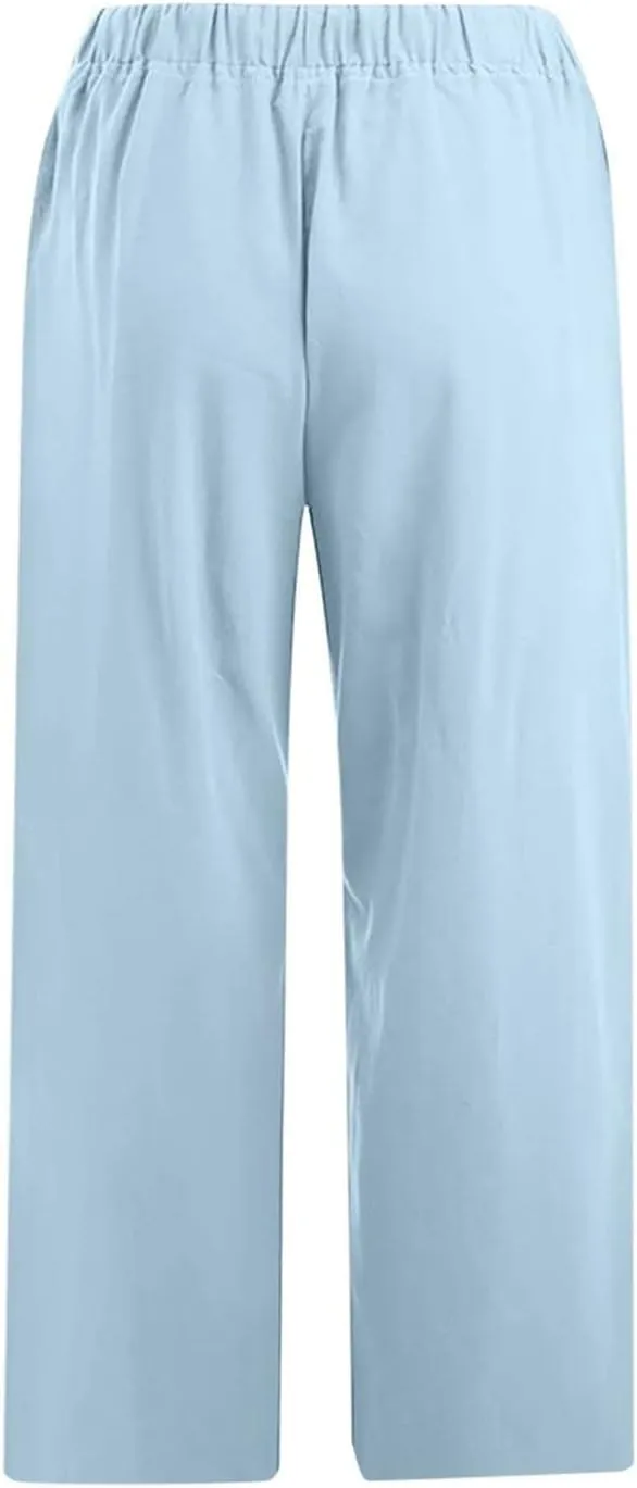 Capri Pants for Women Summer Drawstring Elastic High Waist Cotton Linen Wide Leg Trouser, Small-5X-Large