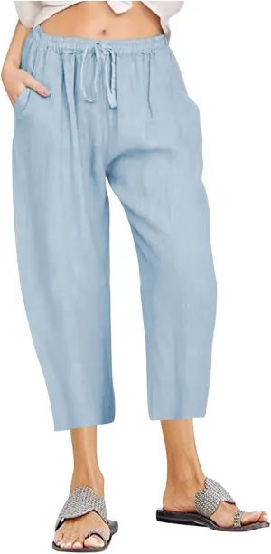Capri Pants for Women Summer Drawstring Elastic High Waist Cotton Linen Wide Leg Trouser, Small-5X-Large
