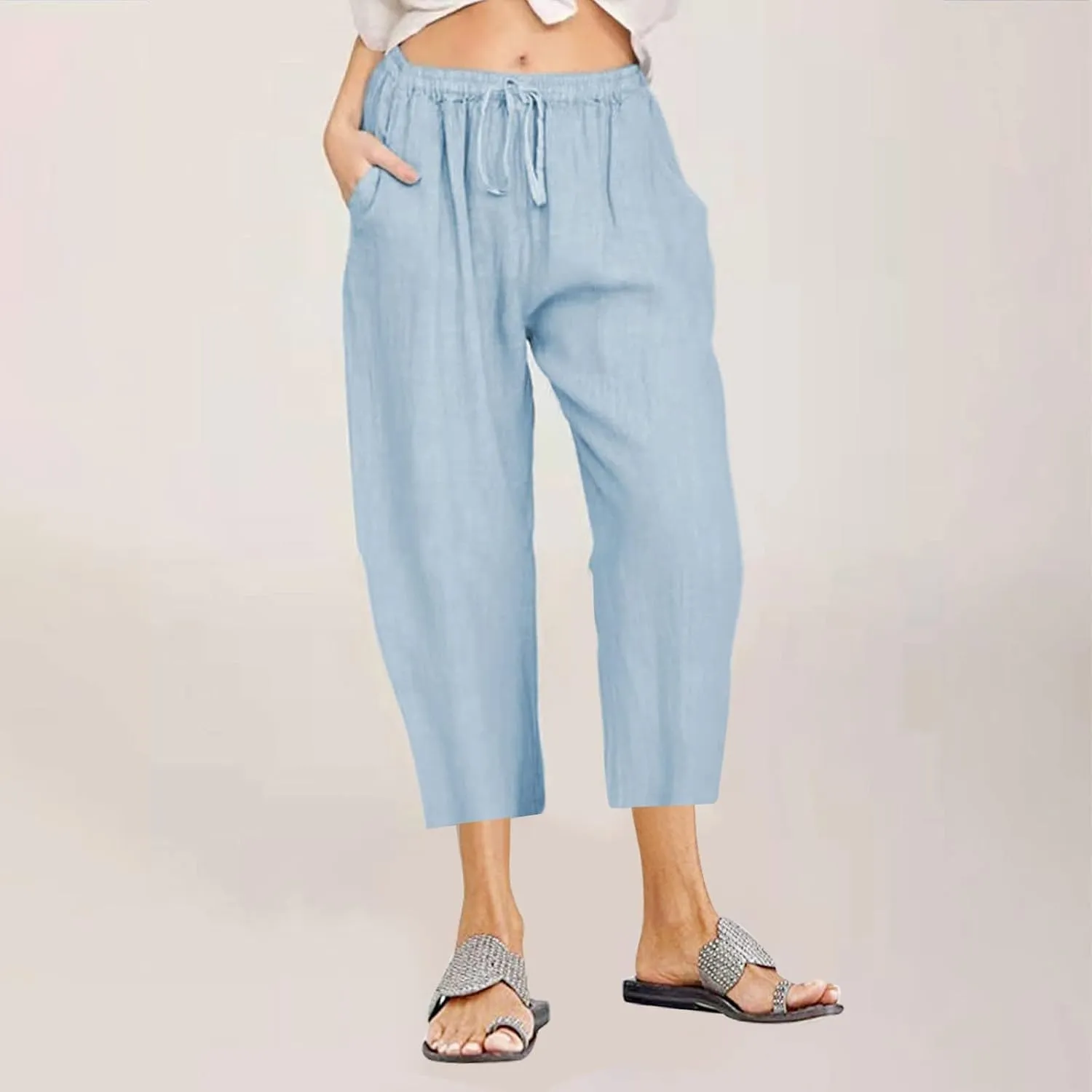 Capri Pants for Women Summer Drawstring Elastic High Waist Cotton Linen Wide Leg Trouser, Small-5X-Large