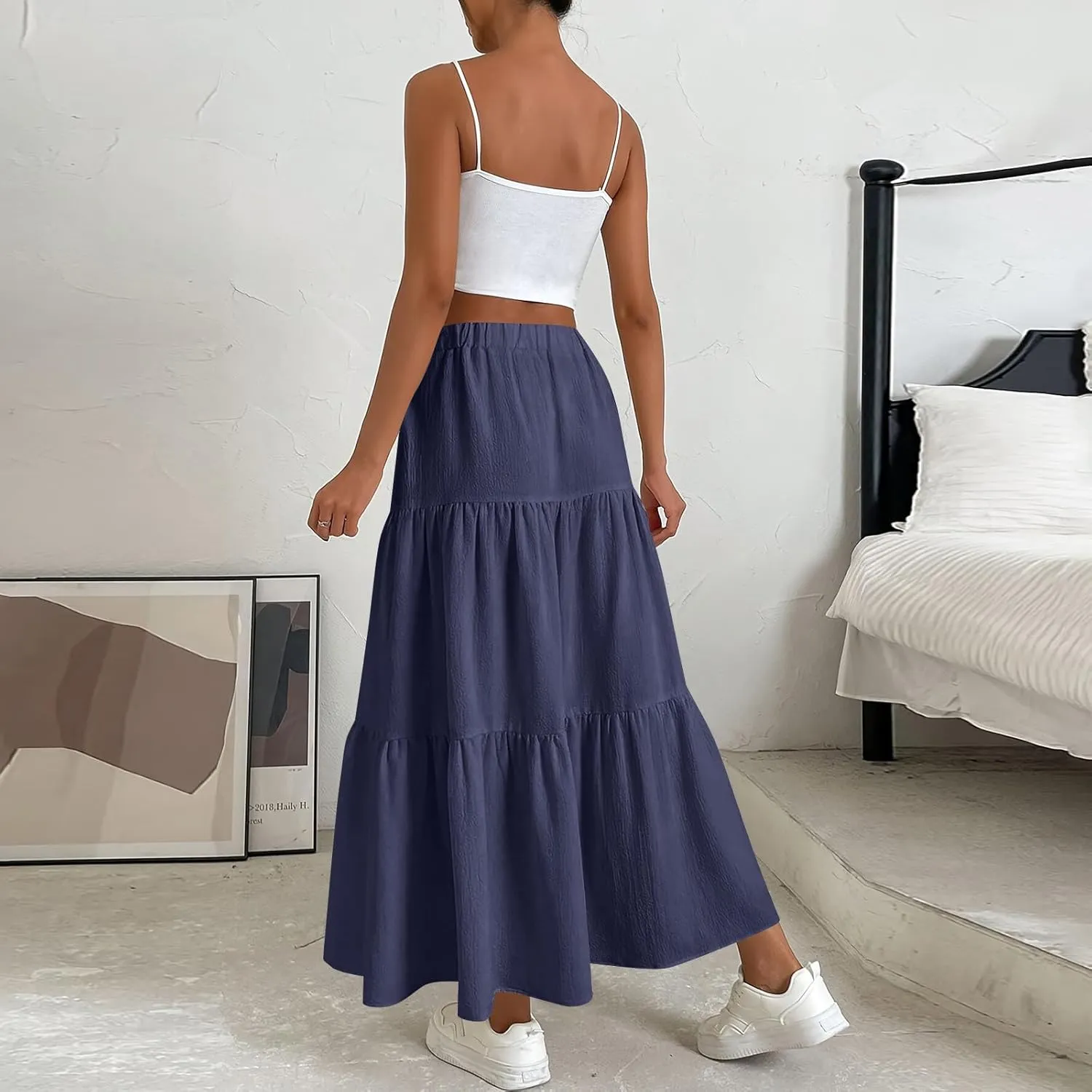 Casual Maxi Skirt for Women Summer Drawstring High Waisted A-Line Skirts Flowy 3-Layer Tiered Ruffle Skirts Long