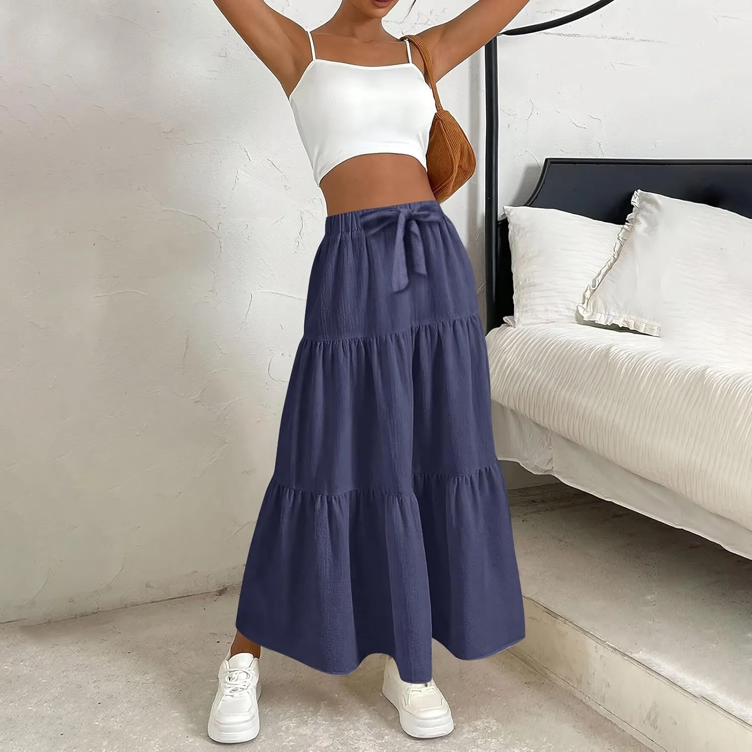 Casual Maxi Skirt for Women Summer Drawstring High Waisted A-Line Skirts Flowy 3-Layer Tiered Ruffle Skirts Long