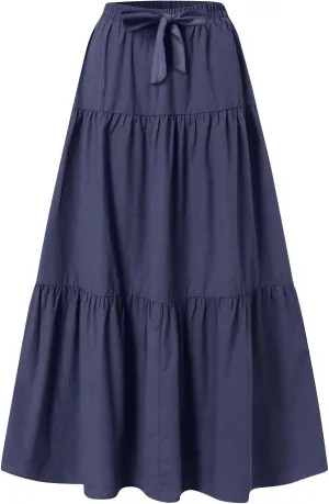 Casual Maxi Skirt for Women Summer Drawstring High Waisted A-Line Skirts Flowy 3-Layer Tiered Ruffle Skirts Long