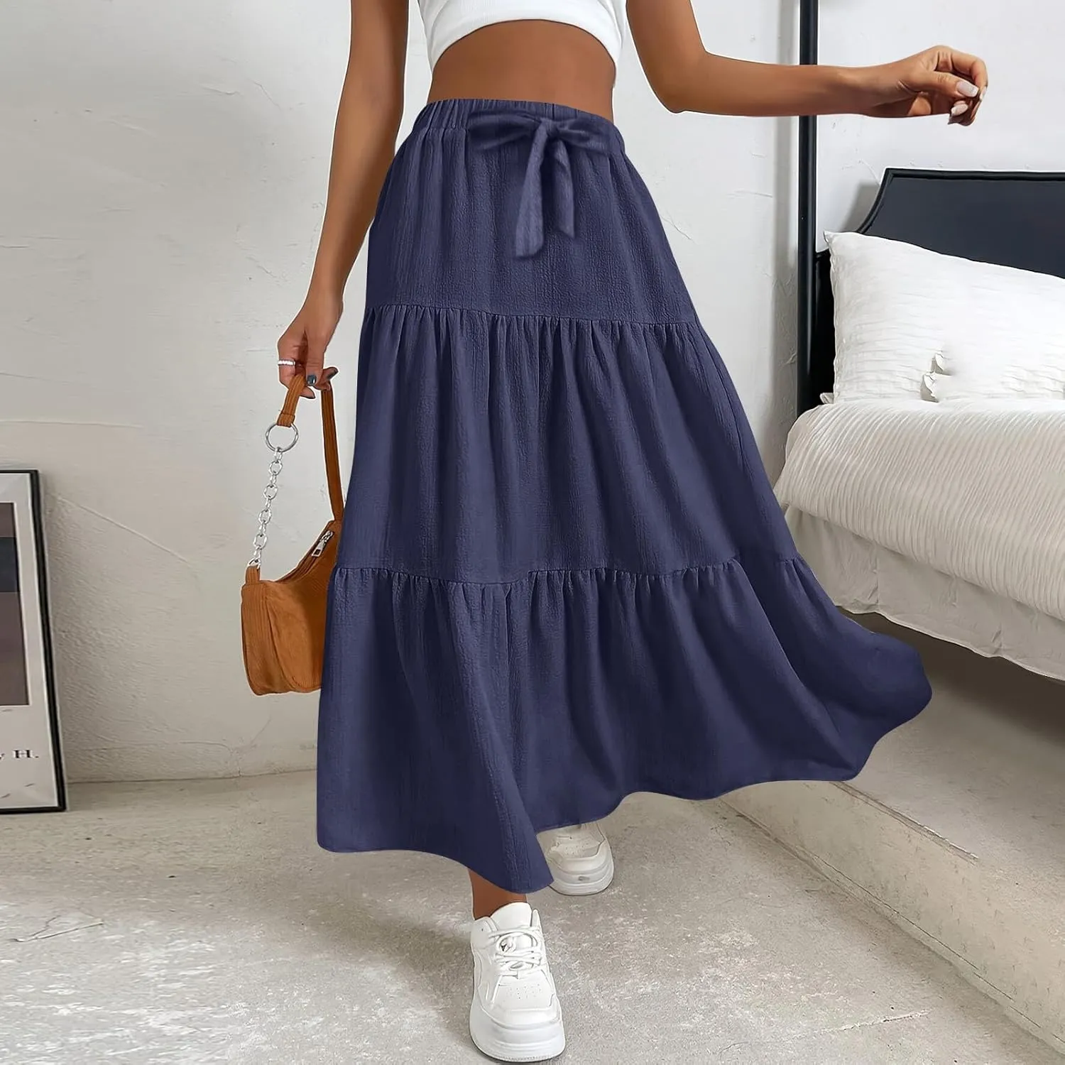 Casual Maxi Skirt for Women Summer Drawstring High Waisted A-Line Skirts Flowy 3-Layer Tiered Ruffle Skirts Long