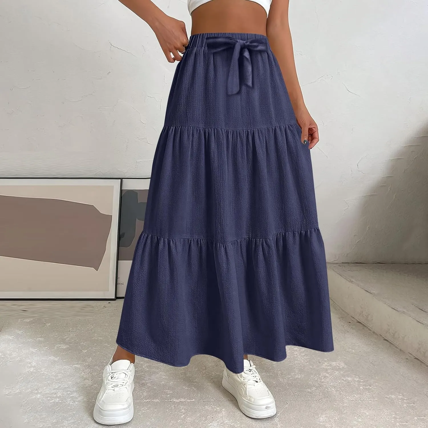 Casual Maxi Skirt for Women Summer Drawstring High Waisted A-Line Skirts Flowy 3-Layer Tiered Ruffle Skirts Long