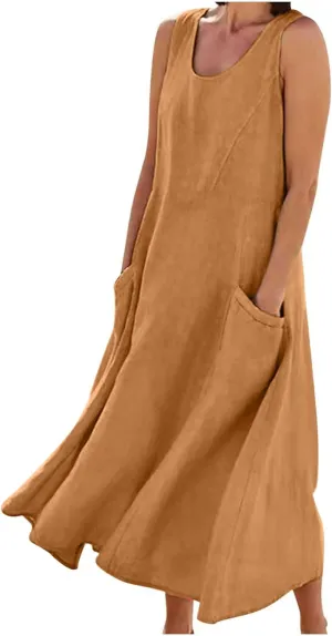 Ceboyel Women 2023 Solid Color Linen Dress Causal Summer Sun Dress Flowy Sleeveless Sundress Trendy Beach Maxi Long Dresses