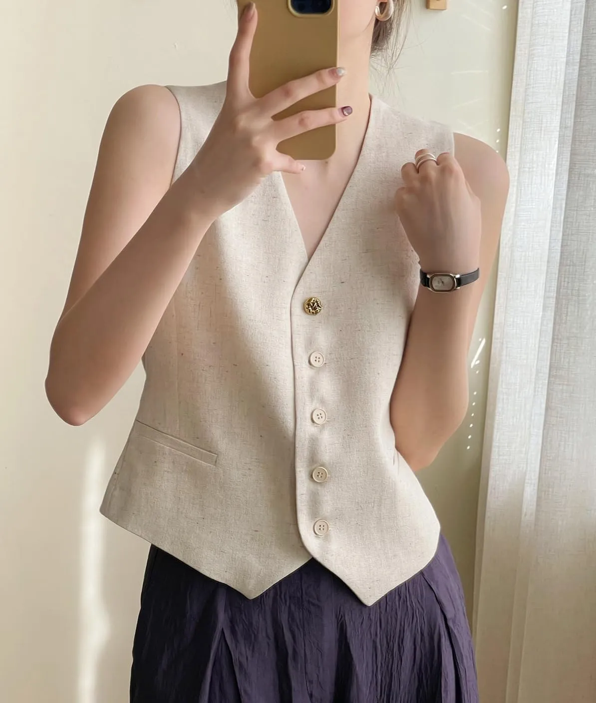 Ceehuteey Women's Linen Suit Vests V-Neck Single Breasted Elegant Waistcoat Business Outfits Top