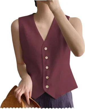 Ceehuteey Women's Linen Suit Vests V-Neck Single Breasted Elegant Waistcoat Business Outfits Top
