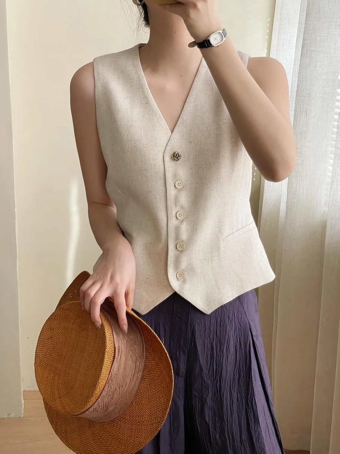 Ceehuteey Women's Linen Suit Vests V-Neck Single Breasted Elegant Waistcoat Business Outfits Top