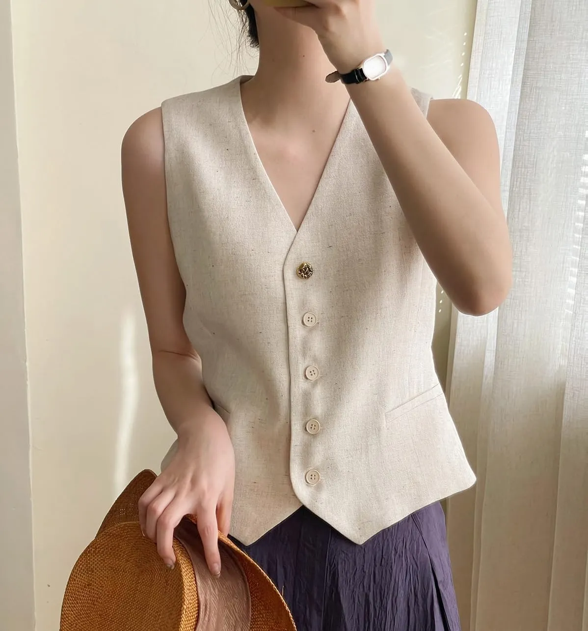 Ceehuteey Women's Linen Suit Vests V-Neck Single Breasted Elegant Waistcoat Business Outfits Top