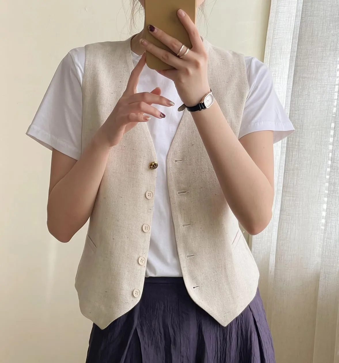 Ceehuteey Women's Linen Suit Vests V-Neck Single Breasted Elegant Waistcoat Business Outfits Top