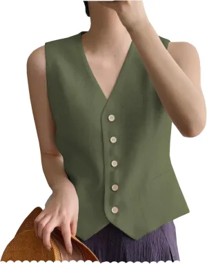 Ceehuteey Women's Linen Suit Vests V-Neck Single Breasted Elegant Waistcoat Business Outfits Top