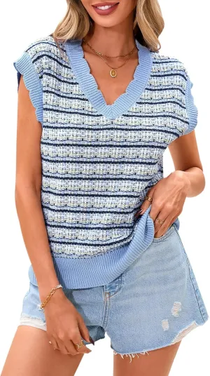 CFLONGE Vests for Women 2025 Trendy Sleeveless Striped Sweater Vest Crochet Knit Cropped Work Tank Top Outfits Y2K Clothes