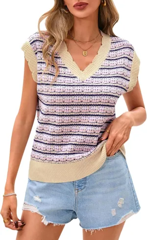 CFLONGE Vests for Women 2025 Trendy Sleeveless Striped Sweater Vest Crochet Knit Cropped Work Tank Top Outfits Y2K Clothes