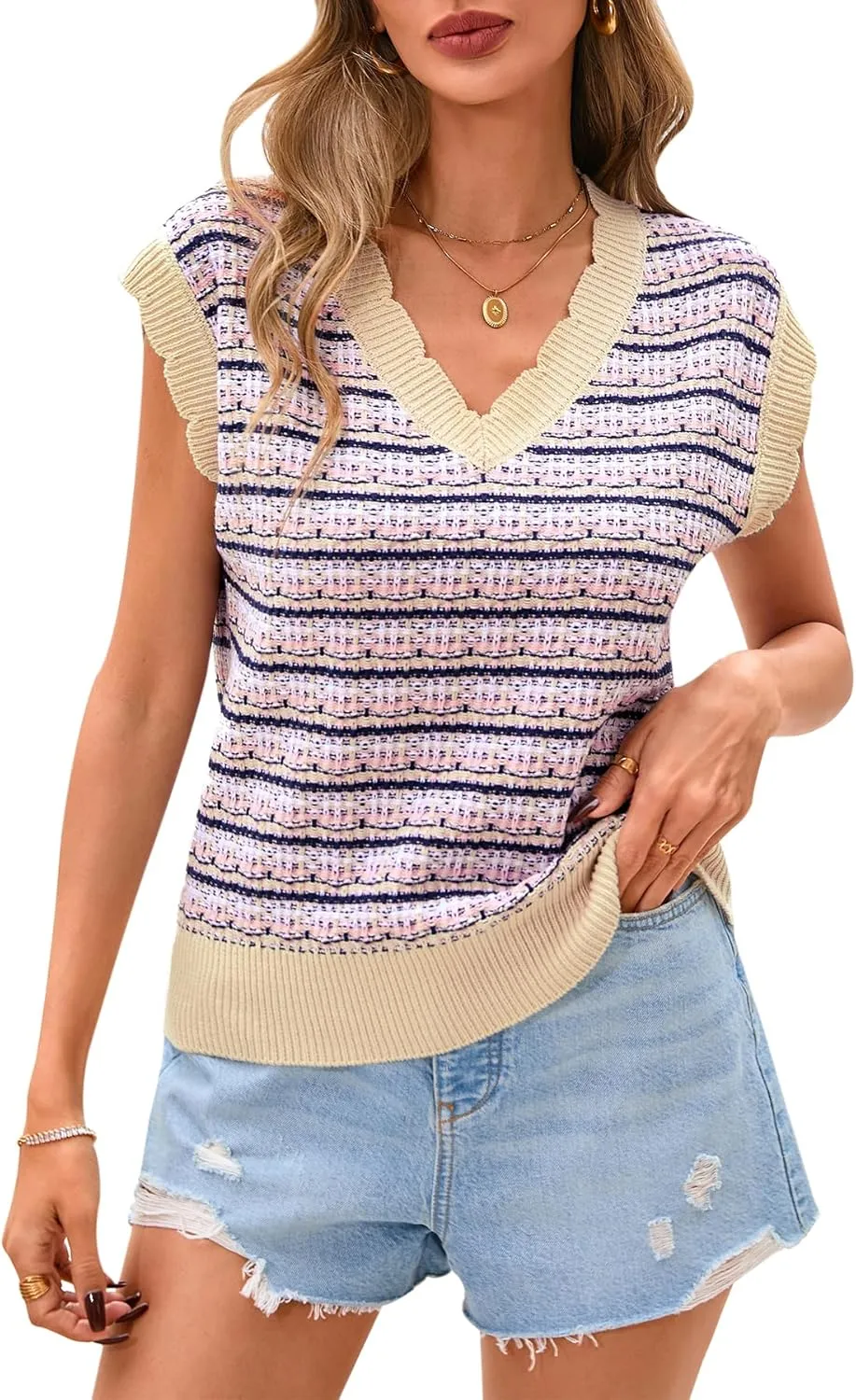 CFLONGE Vests for Women 2025 Trendy Sleeveless Striped Sweater Vest Crochet Knit Cropped Work Tank Top Outfits Y2K Clothes