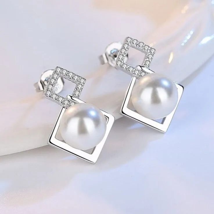 Charming Style Geometric Square White Pearl - 925 Sterling Silver