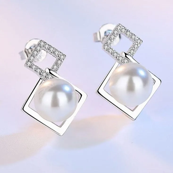 Charming Style Geometric Square White Pearl - 925 Sterling Silver
