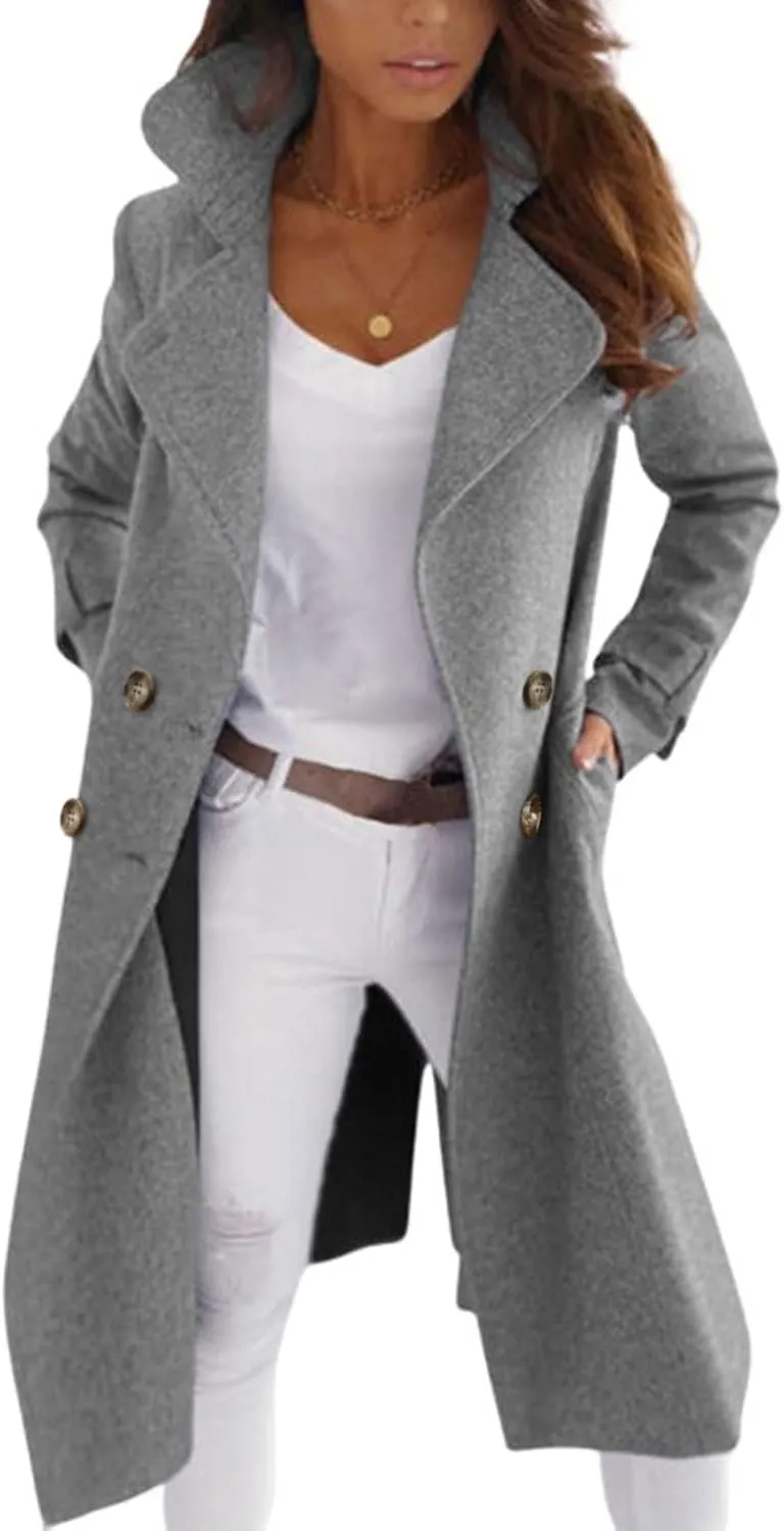 CHARTOU Women Elegant Double Breast Wool Blend Pea Coat Winter Long Coats Jacket Overcoat