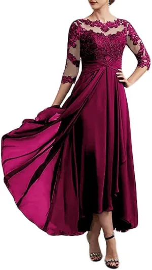 Chiffon 3/4 Sleeve Mother of The Bride Dresses for Wedding Lace Applique Beaded Ruffle A Line Formal Evening Gown MK15