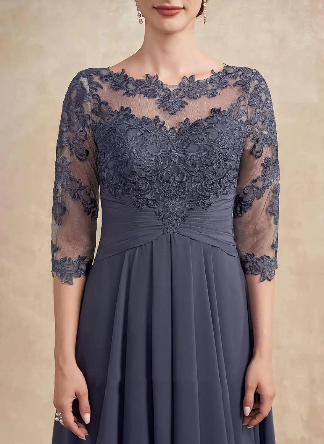 Chiffon 3/4 Sleeve Mother of The Bride Dresses for Wedding Lace Applique Beaded Ruffle A Line Formal Evening Gown MK15