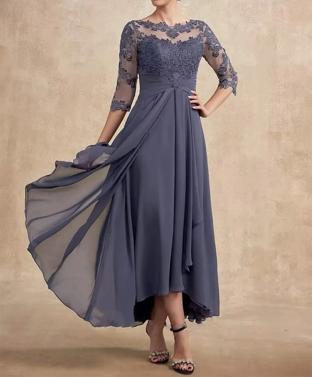 Chiffon 3/4 Sleeve Mother of The Bride Dresses for Wedding Lace Applique Beaded Ruffle A Line Formal Evening Gown MK15