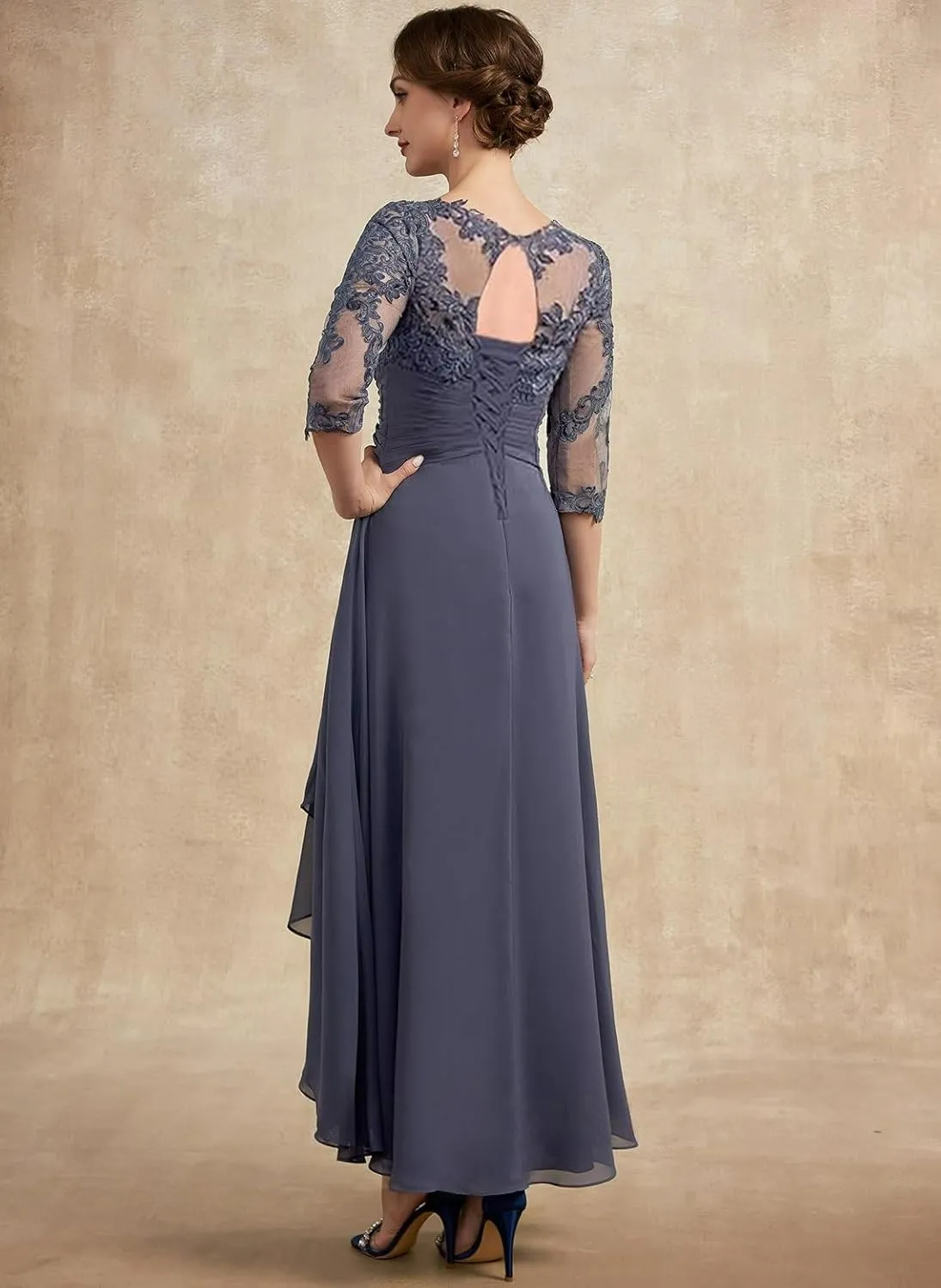 Chiffon 3/4 Sleeve Mother of The Bride Dresses for Wedding Lace Applique Beaded Ruffle A Line Formal Evening Gown MK15
