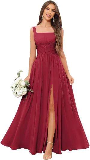 Chiffon Bridesmaid Dresses for Women Ruched Long Spaghetti Straps Formal Evening Gown with Pockets